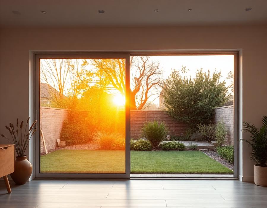 Porta de correr de PVC integrando sala e jardim
