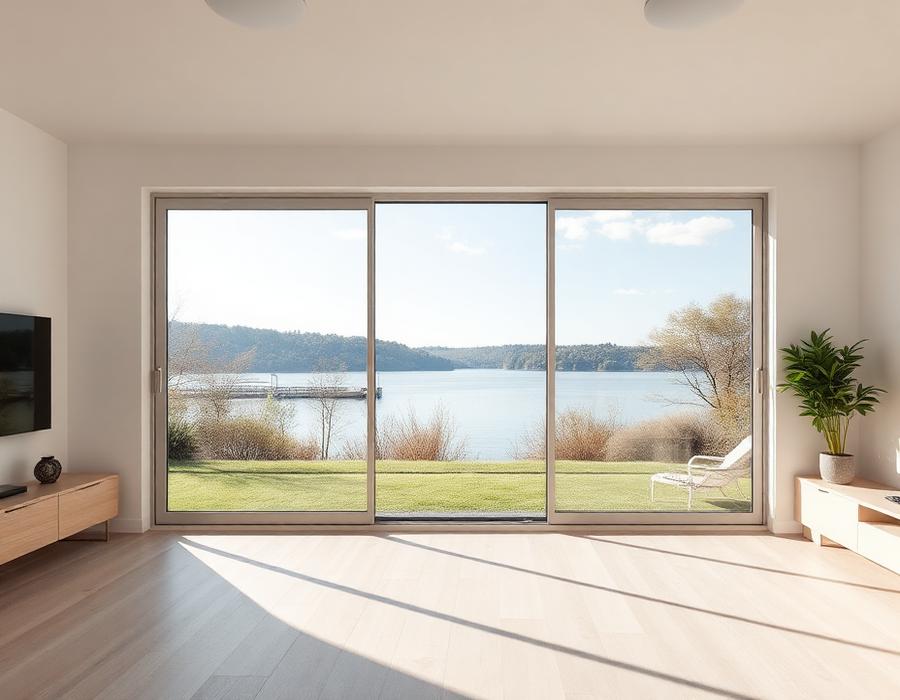 Janela de correr de PVC em sala com vista para o lago