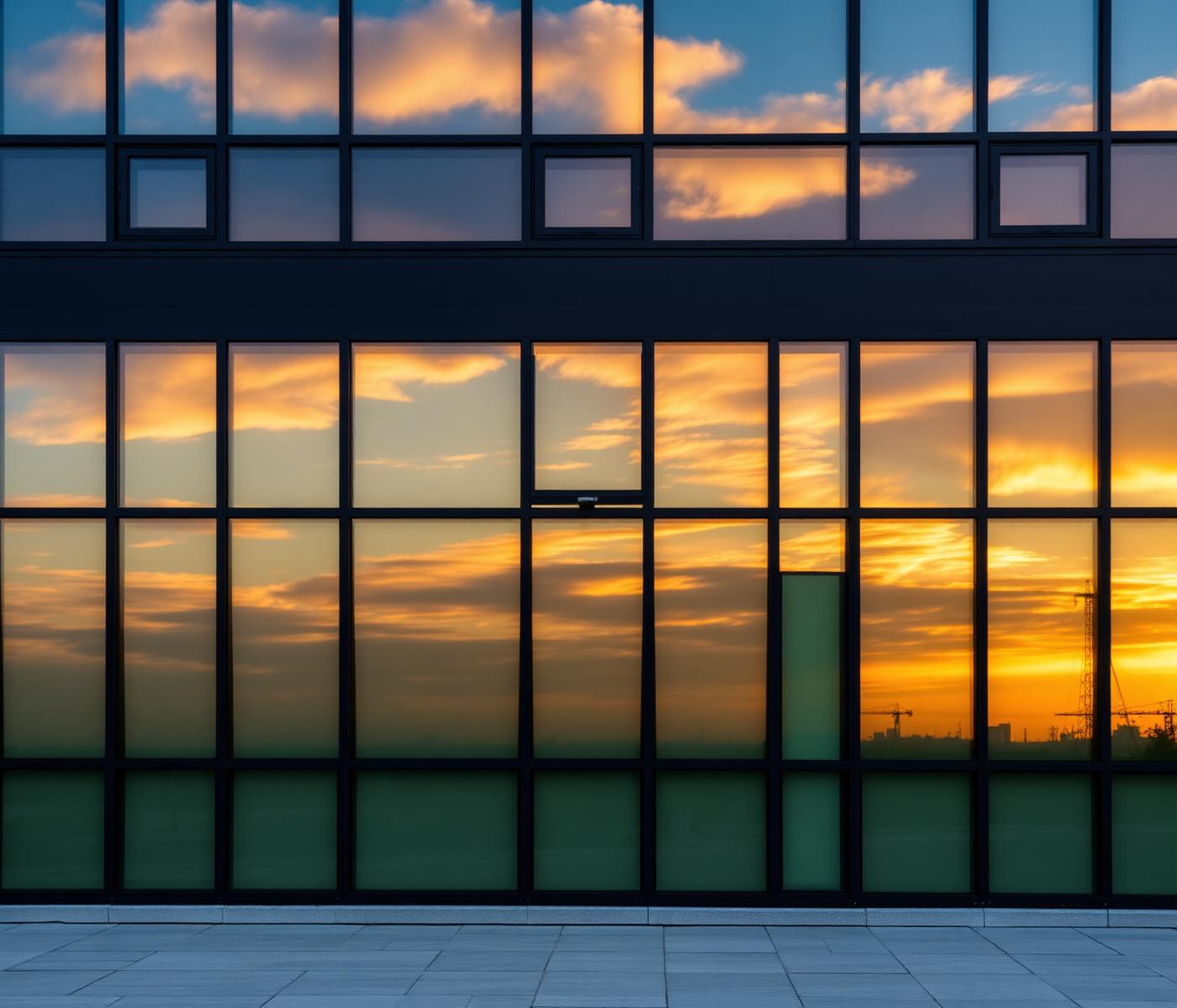 Fachada envidraçada com esquadrias de PVC refletindo o pôr do sol